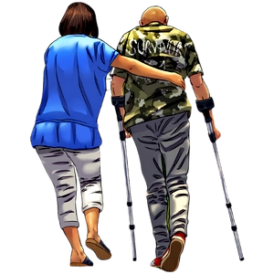 Une aidante qui accompagne une personne en béquilles